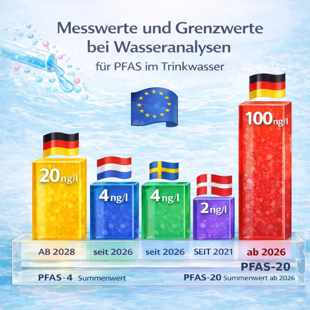 Illustration von Messwerten und Grenzwerten bei Wasseranalysen EU = DE / NL / SE / DK