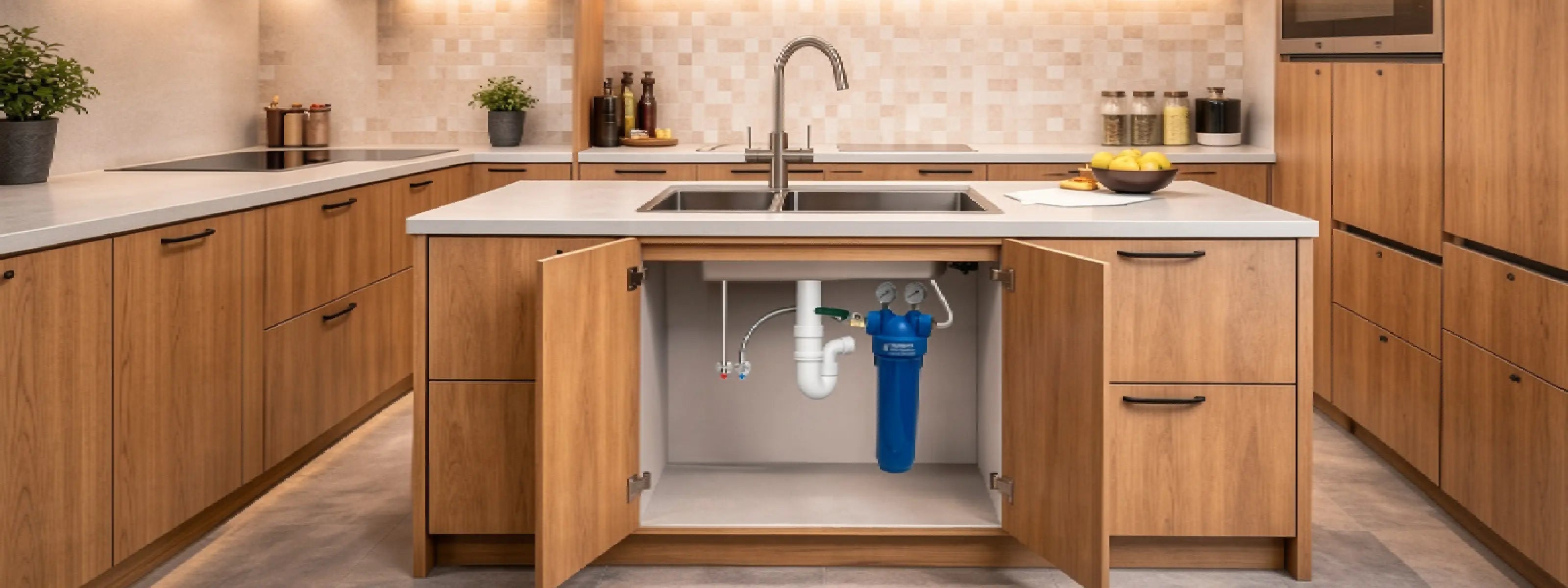 Kochinsel in Holz Optik mit  eingebauten YEMAYA® Home Single Unit