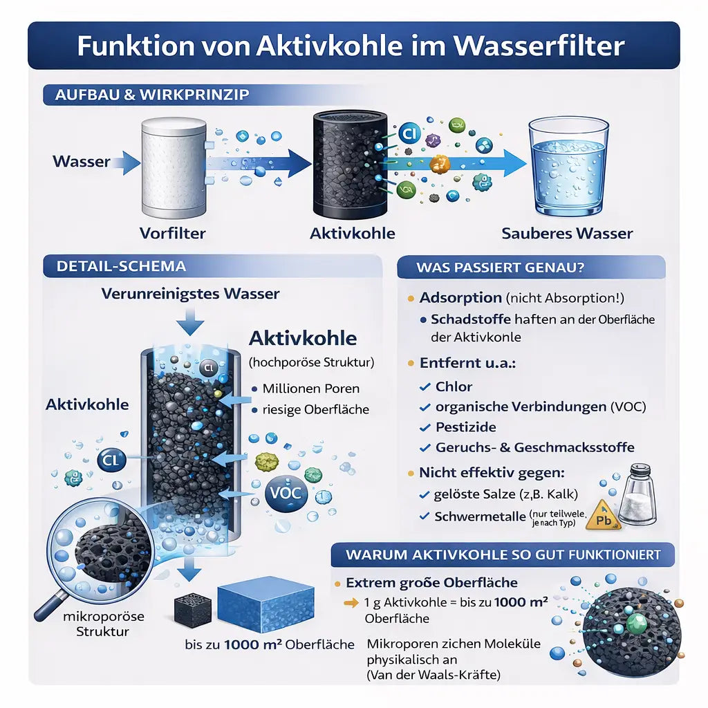 Hier ist ein einfaches Schema zur Funktion von Aktivkohle im Wasserfilter